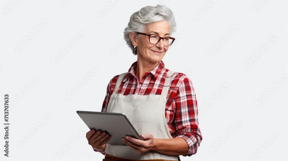 A Portrait of an elderly woman, confident elderly female farmer Wearing apron, holding tablet, checking work on empty space on isolated white transparent background, agriculture and technology. A Portrait of an elderly woman, confident elderly female farmer Wearing apron, holding tablet, checking work on empty space on isolated white transparent background, agriculture and technology.