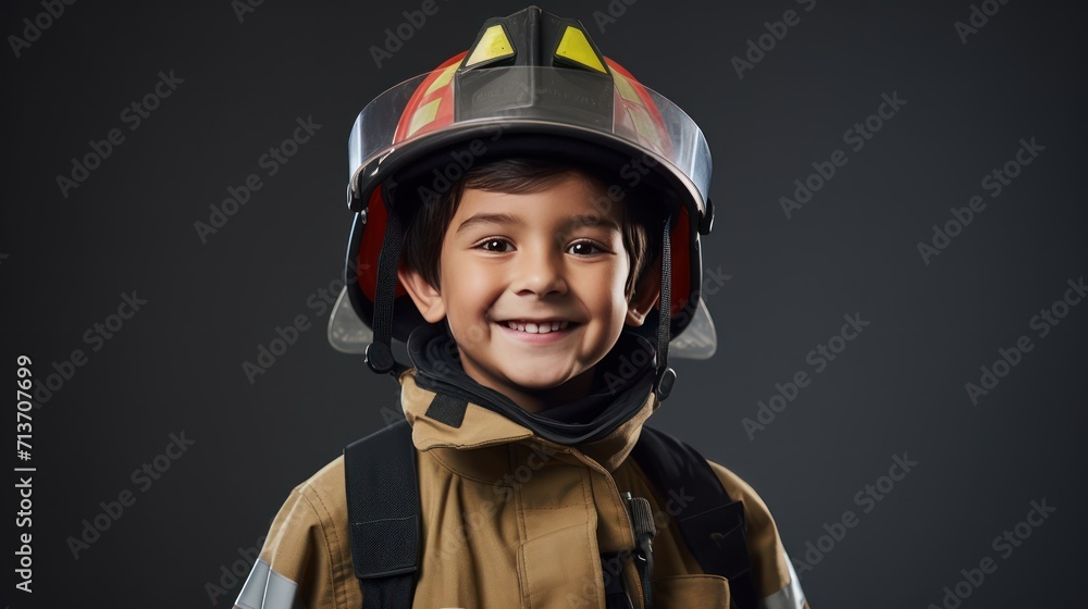 A Happy boy wearing firefighter uniform, little firefighter and fire extinguishing equipment, firefighter career adventure concept. on empty space on a white isolated transparent background. A Happy boy wearing firefighter uniform, little firefighter and fire extinguishing equipment, firefighter career adventure concept. on empty space on a white isolated transparent background.