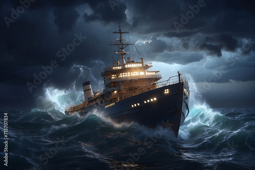 ship battered by sea waves