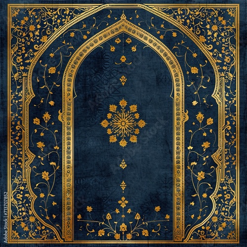 ramadan kareem concept  praying mat islamic background  dark blue with yellow  generative ai