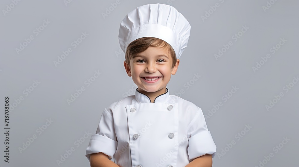 A Cooking, happy boy wearing chef's uniform. Little cook and kitchen equipment. Cooking concepts in the chef profession On empty space on white transparent background isolated A Cooking, happy boy wearing chef's uniform. Little cook and kitchen equipment. Cooking concepts in the chef profession On empty space on white transparent background isolated