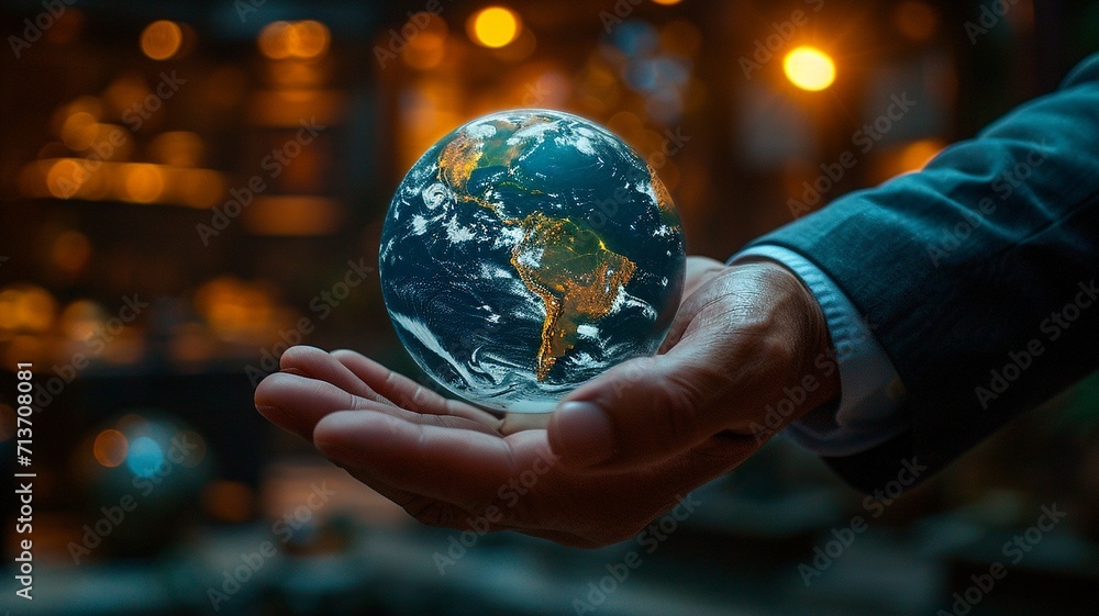 Fototapeta premium hand of Businessman touching virtual Earth globe,generative ai