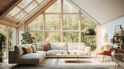 A Minimalist interior design of Mid-century loft home in a clear loft modern living room in house in forest. a room with morning sunlight streaming through the window.