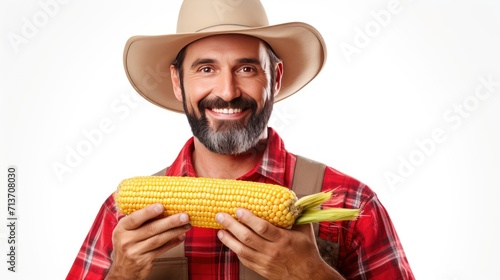 Agriculture, confident farmer holding big fresh corn, standing looking at camera, isolated on white transparent background.