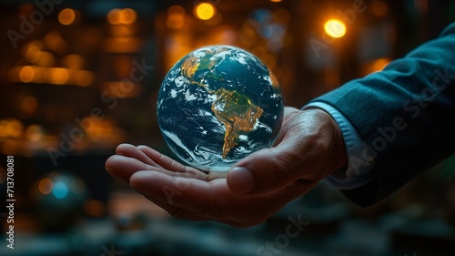 hand of Businessman touching virtual Earth globe,generative ai