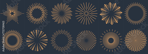 Vintage sunburst collection.Retro gold Sun burst shapes. Bursting golden sun rays. Vintage light starburst labels, badges,Fireworks,Logotype or lettering design element. Radial sunset beams.