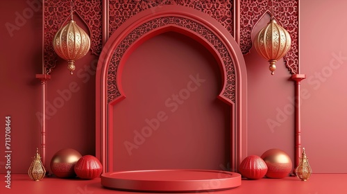 concept of ramadan kareem, Islamic Podium, luxury ramadan podium for display product, presentation, stage, base, isolated background, generative ai