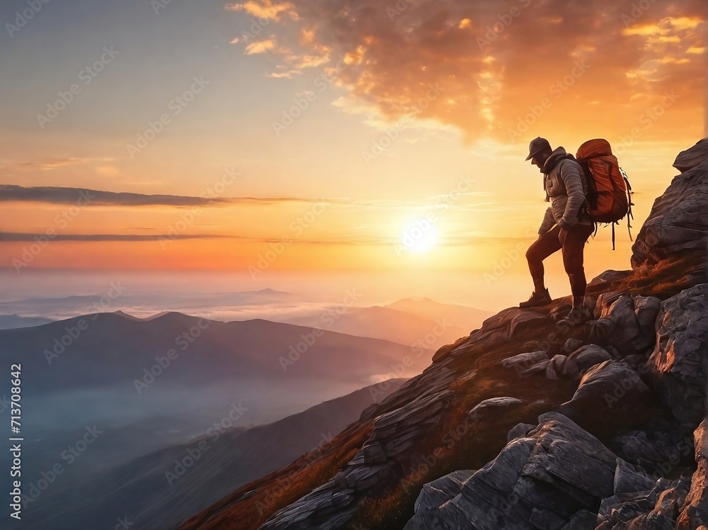 A man at top of the  mountain and sun rising background.