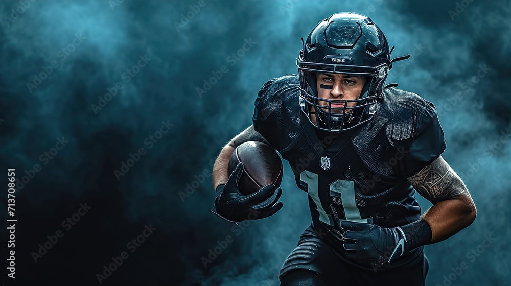 Sport concept. American football sportsman player on black background with copy space. Sport concept, generative ai - obrazy, fototapety, plakaty 