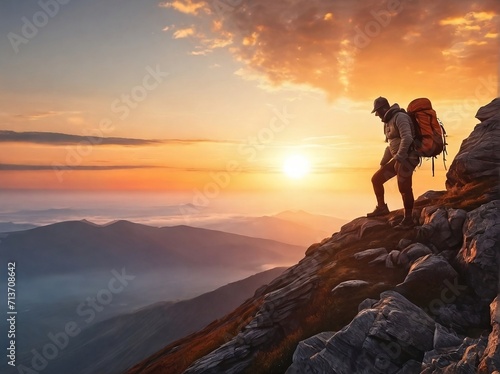 A man at top of the mountain and sun rising background.