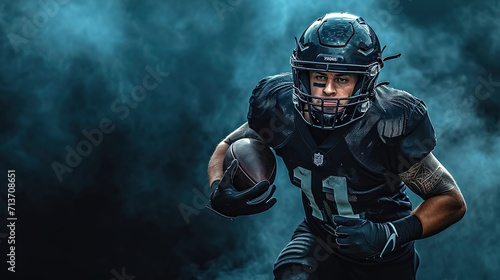 Sport concept. American football sportsman player on black background with copy space. Sport concept, generative ai photo