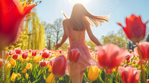 woman back view angle running having fun in the tulip garden. summer flowers park. happy summer sunlight. photo