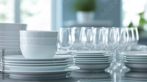 Neat collection of white dinnerware and clear glassware on open shelves photo