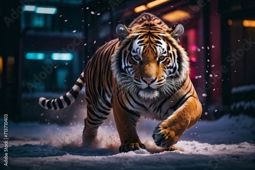sneak Tiger in neon lights in the snow
