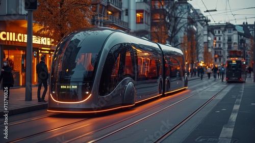 A bus drives autonomously through the city, generative ai
