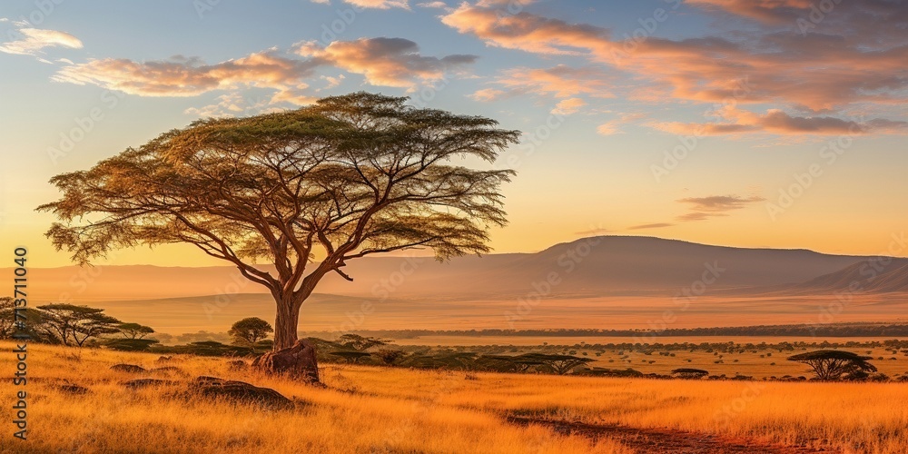A panoramic and expansive savannah in warm early morning sunlight with a solitary tree in the foreground