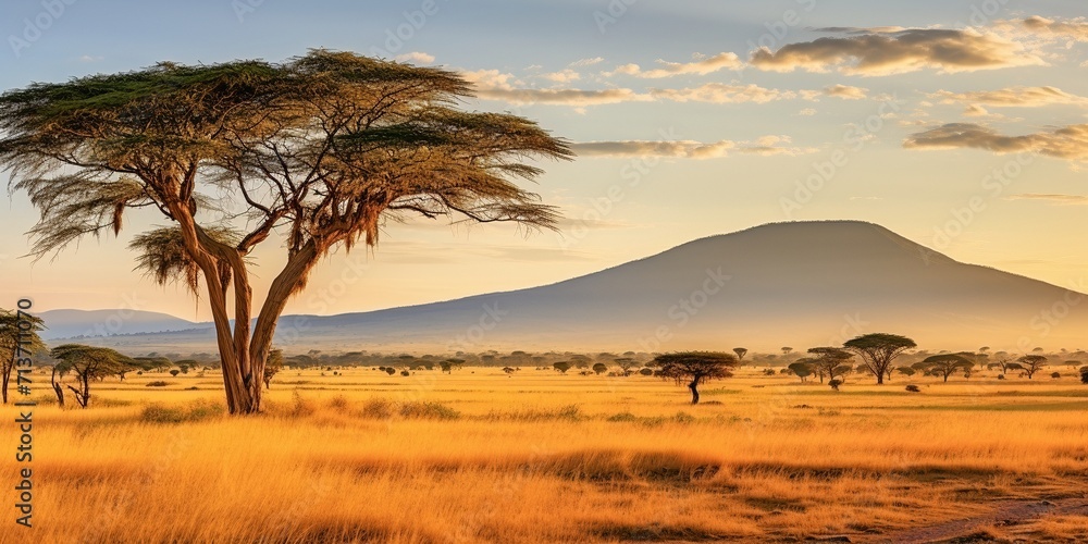 A panoramic image of the savannah bathed in golden sunlight with misty mountains in the background A panoramic image of the savannah bathed in golden sunlight with misty mountains in the background