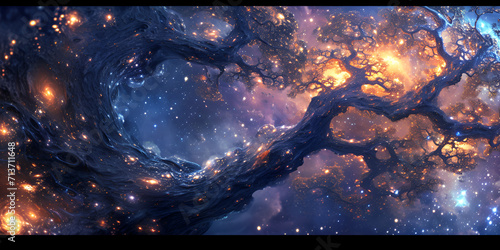 Extra terrestrial canopy embellished with a multitude of space elements, forming a cascade of reaction of space dust that grace the galaxy, Generative Ai photo