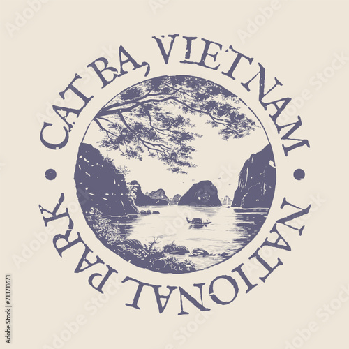 Cat Ba, Hai Phong, Vietnam Illustration Clip Art Design Shape. National Park Vintage Icon Vector Stamp.