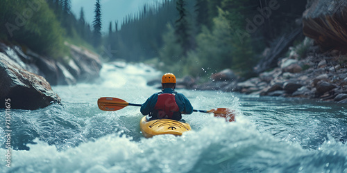 whitewater kayaking, down a white water rapid river in he mountains, world tour day, Generative Ai