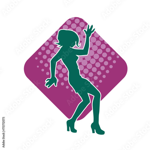 Silhouette of a female dancer in action pose. Silhouette of a woman dancing happily.