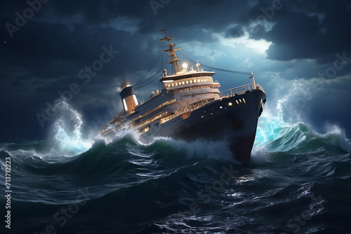 ship battered by sea waves