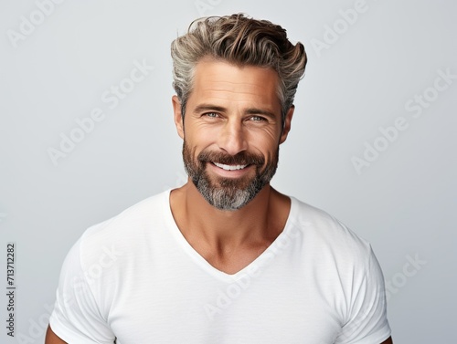 Beautiful close up portrait of mature handsome middle aged men smiling with beautiful white teeth on white background