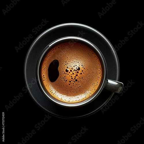 A hyperrealistic photoshot of a coffee on complete black background, top down perspective, generative ai © Naseem