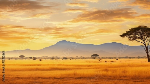 An expansive savanna bathed in the golden hues of  sunrise with mountains in the distance