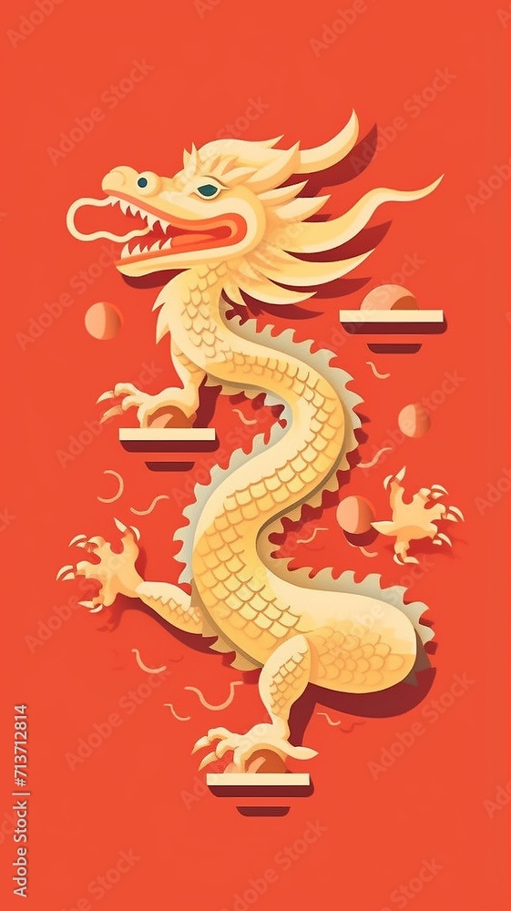Fototapeta premium Light golden Chinese dragon, flat 2D style, minimalist style, generative ai