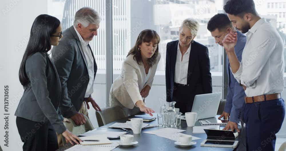 Business people, planning documents and meeting for brainstorming idea, solution or legal strategy. Professional lawyers, manager or senior executive with paperwork for feedback or thinking of report