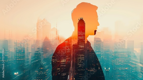 Double Exposure Silhouette Businessman and City Buildings