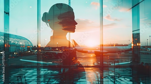 Double Exposure Silhouette Woman and Airport, Waiting Someone