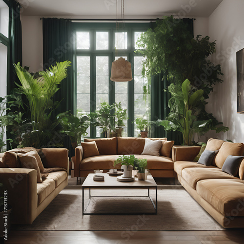 Interior of living room with green houseplants and sofas. Modern living room