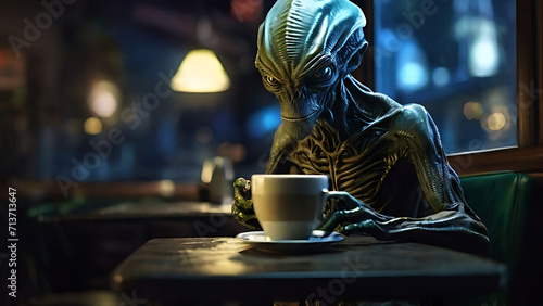 Alien drinking coffee in a diner at night ai generated image photo