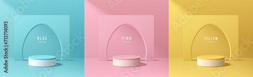 Set of 3D happy easter day background. Yellow, blue, pink and white podium with egg shape gate backdrop scene. Platforms mockup product display. Abstract composition minimal design. Stage showcase.