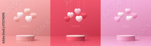 Set of 3D valentine day background pink, red, white cylinder podium with floating pastel balloon heart shape. Vector geometric platform. Abstract mockup product display. Minimal scene. Stage showcase.