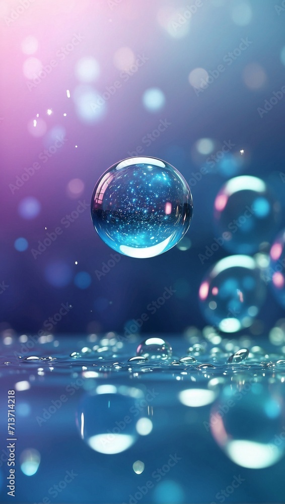 Naklejka premium Blue Color Floating Particles with Bokeh Background, Light Background, Pastel Colors, Ambient Light, Close-Up Shot
