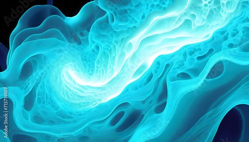 柔らかな動きと流れを持つ水色の有機的な形状。深海のイメージ。流線形。AI画像。