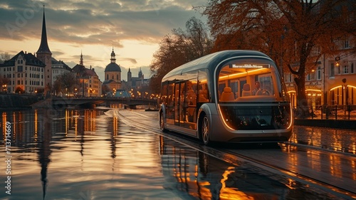 A bus drives autonomously through the city, generative ai photo