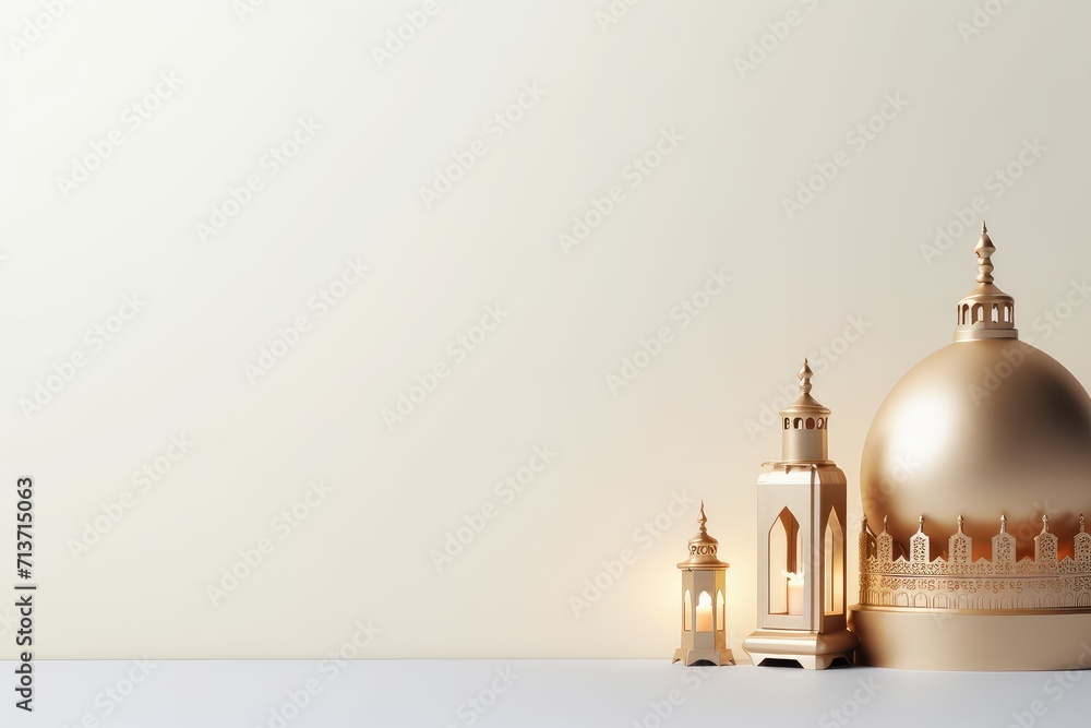 Simple Eid Mubarak and Ramadan Kareem Greetings Background with Copy Space, Islamic Lanterns, and Mosque Simple Eid Mubarak and Ramadan Kareem Greetings Background with Copy Space, Islamic Lanterns, and Mosque