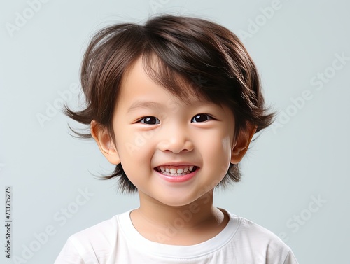 
A Close up shoot of Smiling Asian Child  with white teeth on white background for teeth and toothpaste ads
