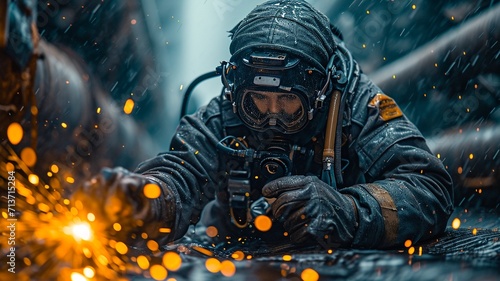 an underwater diver worker wearing a Military watch and welding a tube underwater ,generative ai photo
