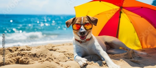 Dog with Sunglasses on Beach Under Colorful Umbrella © Susanti