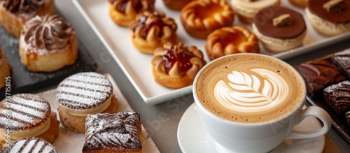 Assorted Pastries and Cappuccino on a Cafe Table