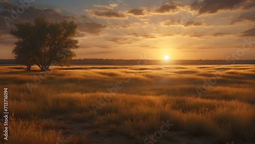 Golden sunset over serene grassland