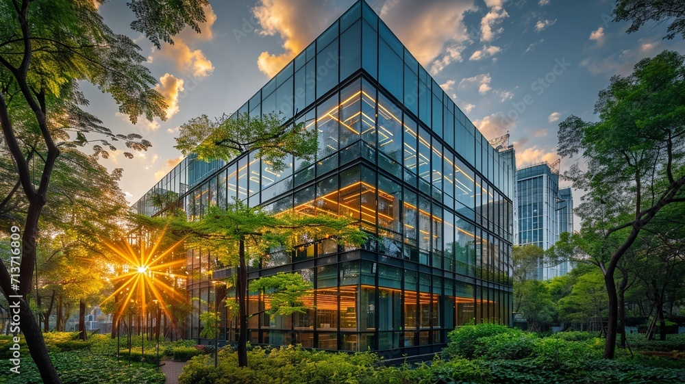 Obraz premium Eco-friendly building in the modern city. Sustainable glass office building with tree for reducing carbon dioxide. Office building with green environment. Corporate building reduce CO2,generative ai