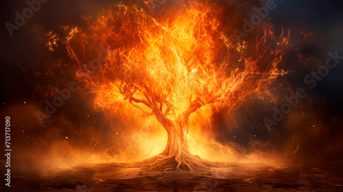 Lone tree blazing with intense flames against dark, smoky background. Fire engulfs branches, transforming tree into fiery spectacle destruction, transformation or passion. Forest fires.Strong emotions