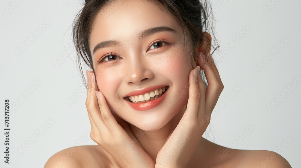 Close-up of a joyful young lady with a perfect smile. The image is AI Generative. Close-up of a joyful young lady with a perfect smile. The image is AI Generative.