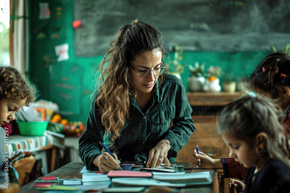 Fototapeta premium Happy Kids And Teacher At School, Generative ai